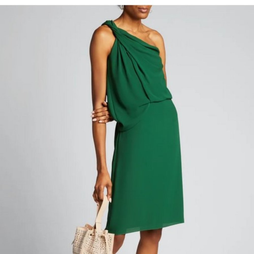 Halston Braided Strap One-Shoulder Silky Georgette Dress